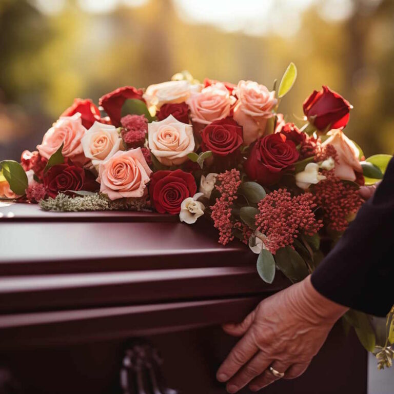 Sarg mit Blumen. In Zeiten der Trauer ist unser Bestatter in Castrop-Rauxel für Sie da.