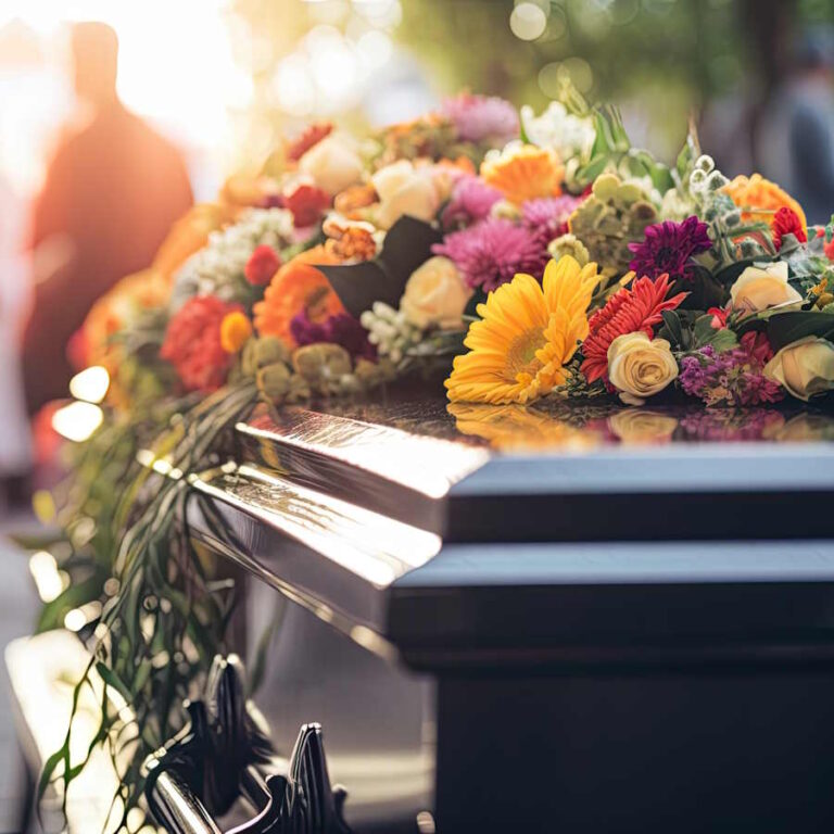 Ein mit Blumen geschmückter Sarg während einer Trauerfeier – ein würdevoller Moment im Rahmen von Bestattungen in Ratingen.