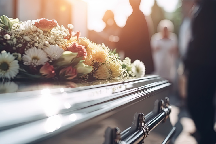 Sarg mit Blumen bei einer würdevollen Trauerfeier hergerichtet von Bestatter Dortmun