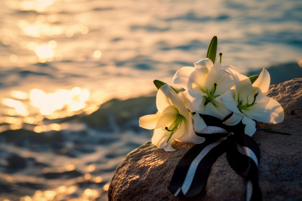 Schwarze Trauerschleife und weiße Lilien auf einem Stein am ruhigen Meer als Zeichen eines würdevollen Abschieds beim Bestatter in Oberhausen.